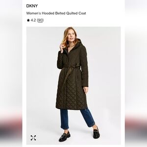 DKNY Women's Hooded Belted Quilted Black Coat
